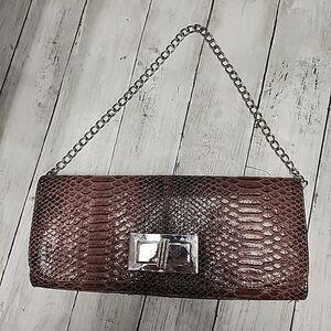 Lulu Townsend Faux Brown Snakeskin Chain Shoulder/Clutch Bag Silver Hardware